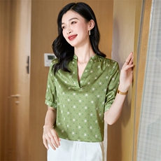 v领真丝衬衫女短袖夏季2025新款宽松大码印花桑蚕丝上衣中年妈妈，女装衬衫，阿舍尔精品