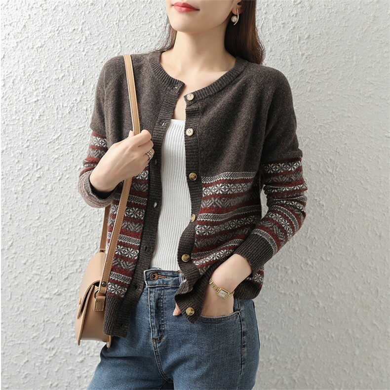 春季新款简约时尚百搭圆领针织开衫女，女装针织衫/毛衣，忠诺羊绒