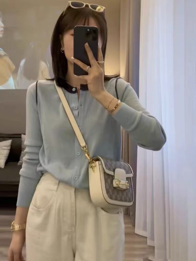 春季新款简约百搭时尚拼色针织开衫长袖,针织衫/毛衣,百纯羊绒