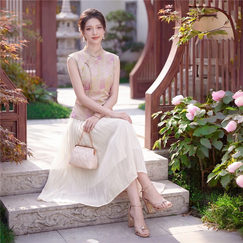 高级感新中式立领短袖女2026夏季新款改良旗袍领收腰时尚套裙套裙,女装套装/套裙,尚洛菲