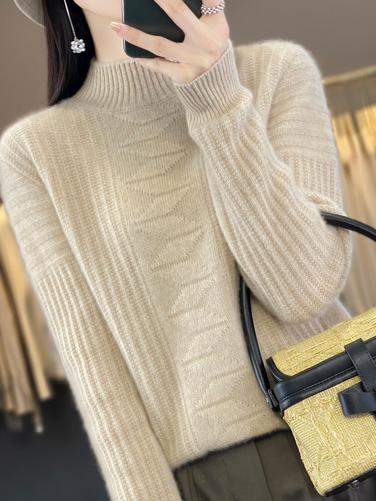 加厚半高领羊毛衫女秋冬新款针织衫宽松时尚提花羊绒衫毛衣打底,针织衫/毛衣,暖绒情旗舰店