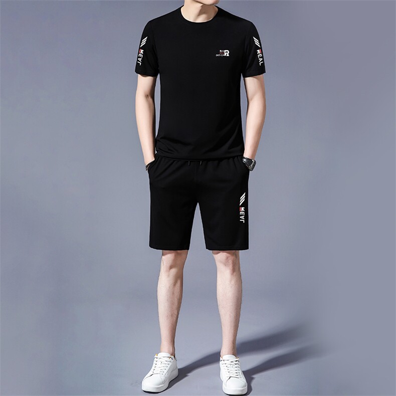 HP571夏季男式短袖长裤透气两件套运动休闲圆领修身t恤套装P130图片