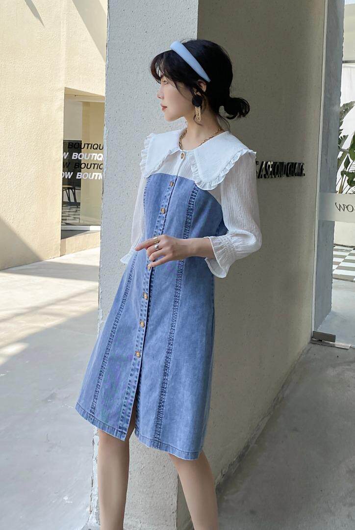 现货热卖拼色牛仔连衣裙，女装连衣裙，迈裳亿