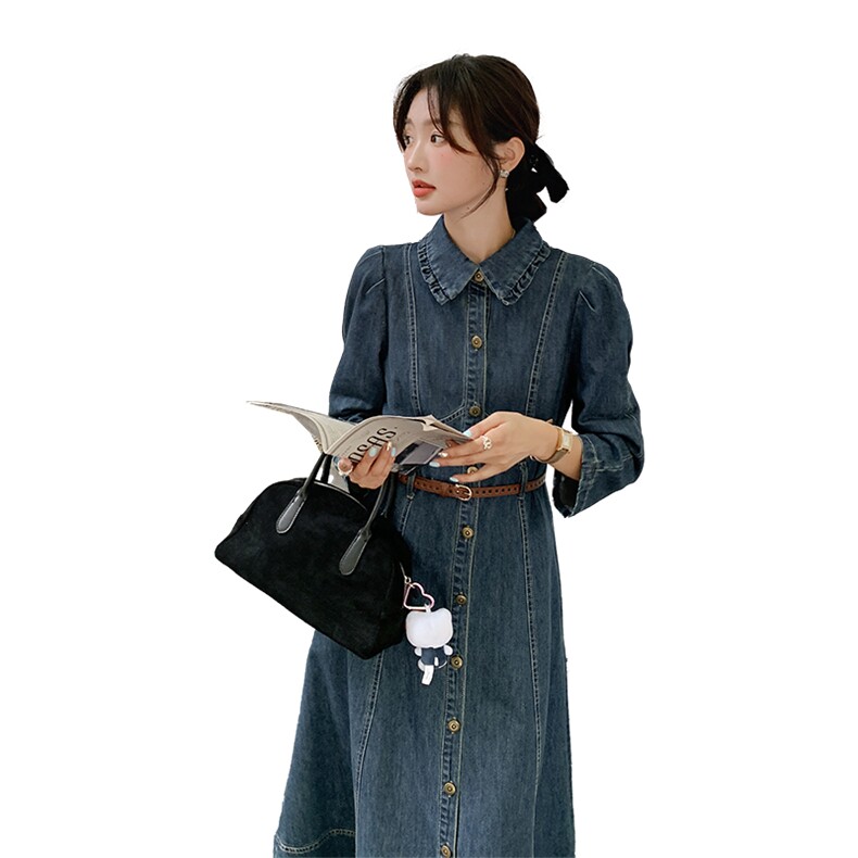 现货2024牛仔连衣裙女新款春装宽松休闲慵懒风复古气质衬衫裙子,女装连衣裙,钱塘布衣