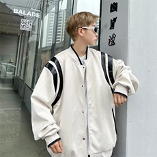港风街头麂皮绒棒球服外套男美式秋冬夹克休闲拼色上衣W5287-P60，男装夹克，星座412-2