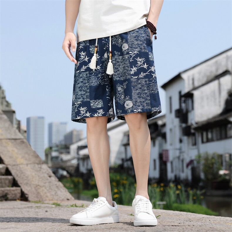 夏季亚麻风五分裤男棉麻印花宽松短裤个性A266-1-KZ773-P40图片