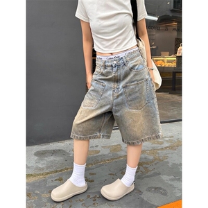复古做旧蓝五分中裤男女夏季宽松阔腿牛仔短裤男裤网图DK6710-p48
