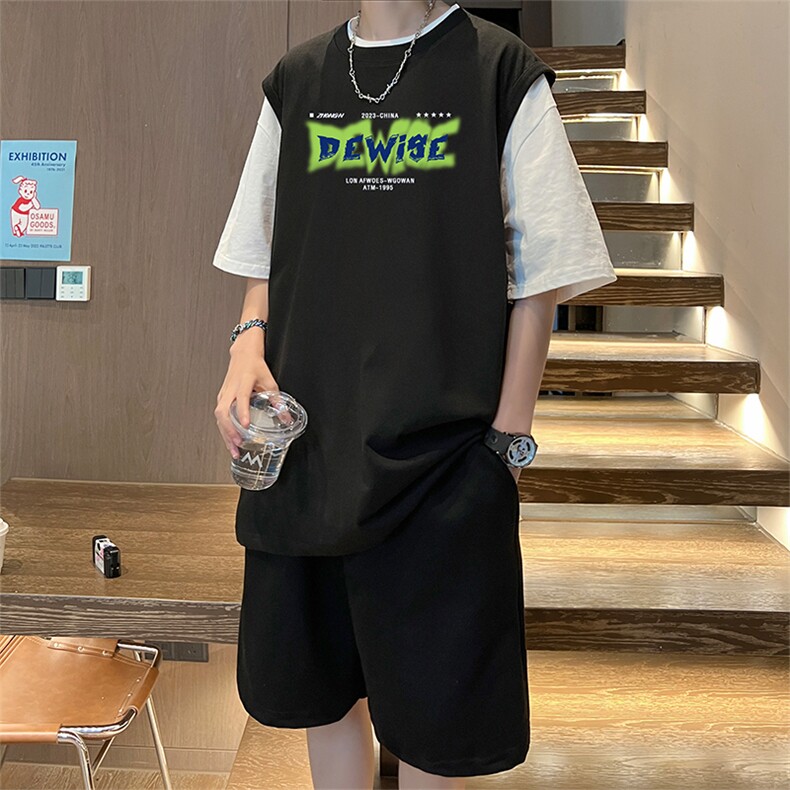 直播品质美式宽松纯棉背心无袖t恤短裤大码两件套套装TZ53-P58,男装T恤,电商A486
