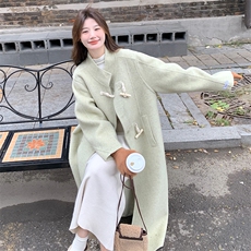 高级小众韩系chic绿色立领毛呢外套女秋冬2025年超火好看长款大衣，女装毛呢外套，红龙果