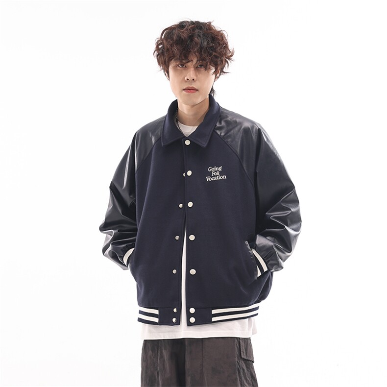 2025秋绣花拼料皮衣翻领外套--5579模特图,男装皮衣,电商S012（CATTEE）