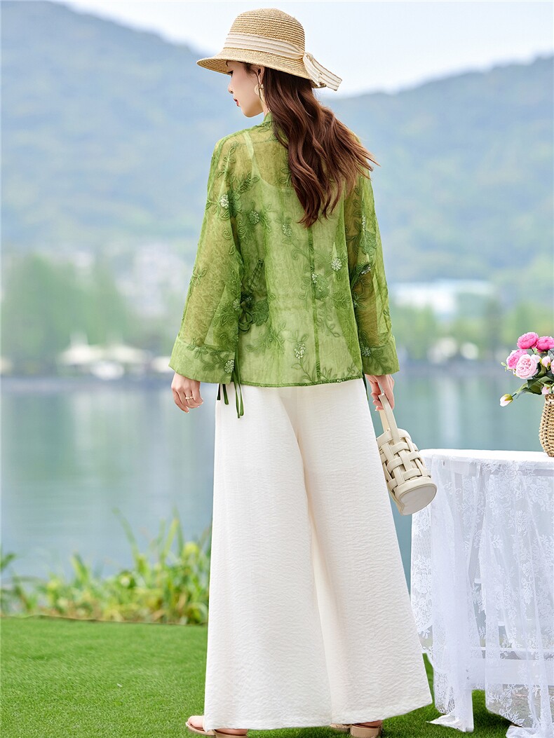 2026年夏季新中式重工刺绣衬衫防晒女宽松立领阔腿裤两件套,女装套装/套裙,米尚