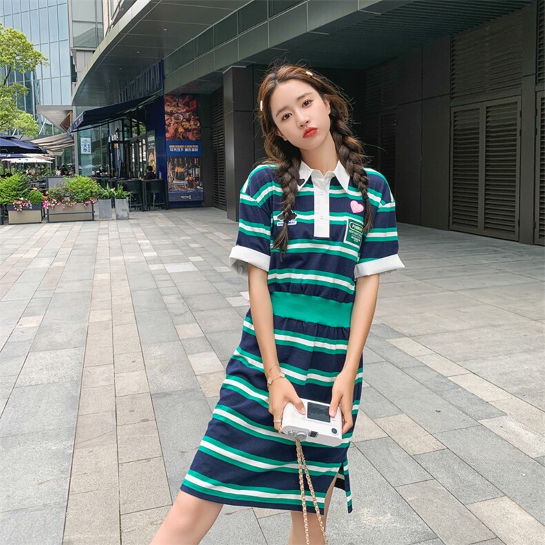 常规袖套头休闲风真丝条纹连衣裙条纹翻领时尚中长款显瘦针织百搭，女装连衣裙，帛香坊