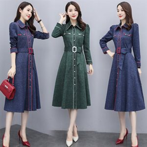 现货2024年秋季新款时尚大摆连衣裙气质淑女百搭拼接大码风衣,女装连衣裙,尚洛菲
