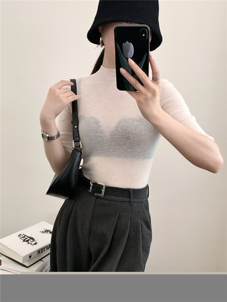 2025新款女套头珠片纱小立领修身中袖精纺超薄款半高针织打底衫,针织衫/毛衣,缘满羊绒