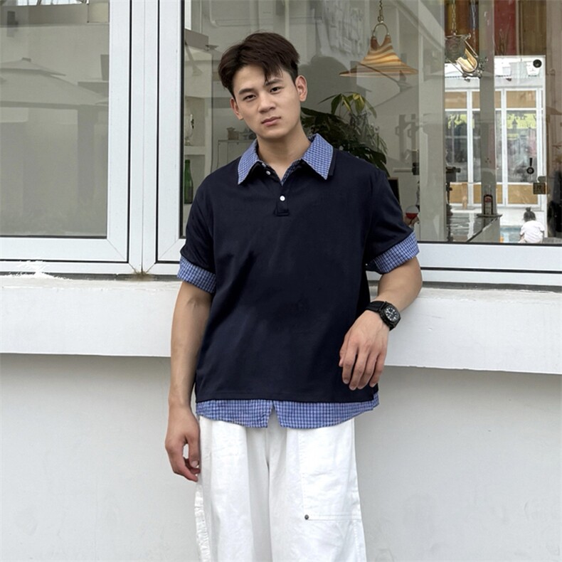 得物抖音高品质二开 夏季美式潮牌高街假两件格子衬衣翻领短袖T恤图片