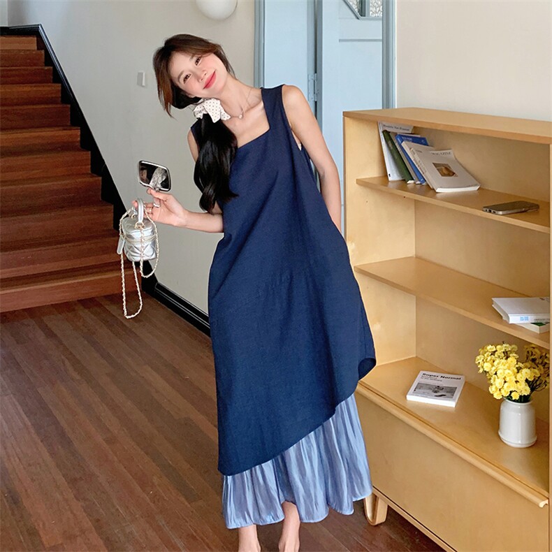 垂感高级感背心裙女夏季2025新款独特设计感拼接复古风撞色连衣裙,女装连衣裙,2C262