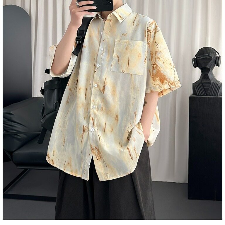 美式休闲宽松短袖衬衫小众潮牌抽象夏季撞色情侣衬衣图片