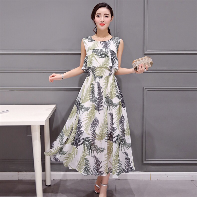 潮流印花夏季女装圆领无袖高腰大摆型连衣裙,女装连衣裙,依恋蒂丝