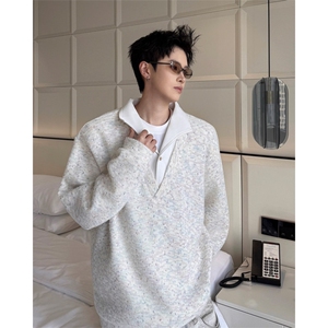 美式男士卫衣慵懒风彩点假两件翻领毛衣外衣宽松休闲针织衫图片