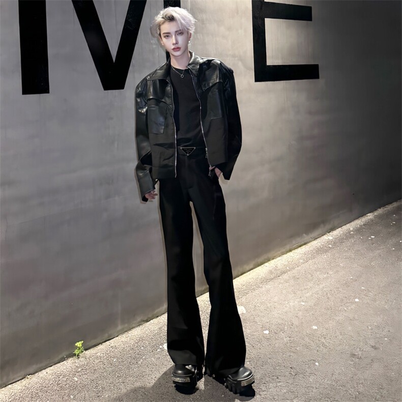 （自家图）小众pu皮拼接机车服皮夹克皮衣2612-P80裤子货号2611,男装夹克,星座910-5