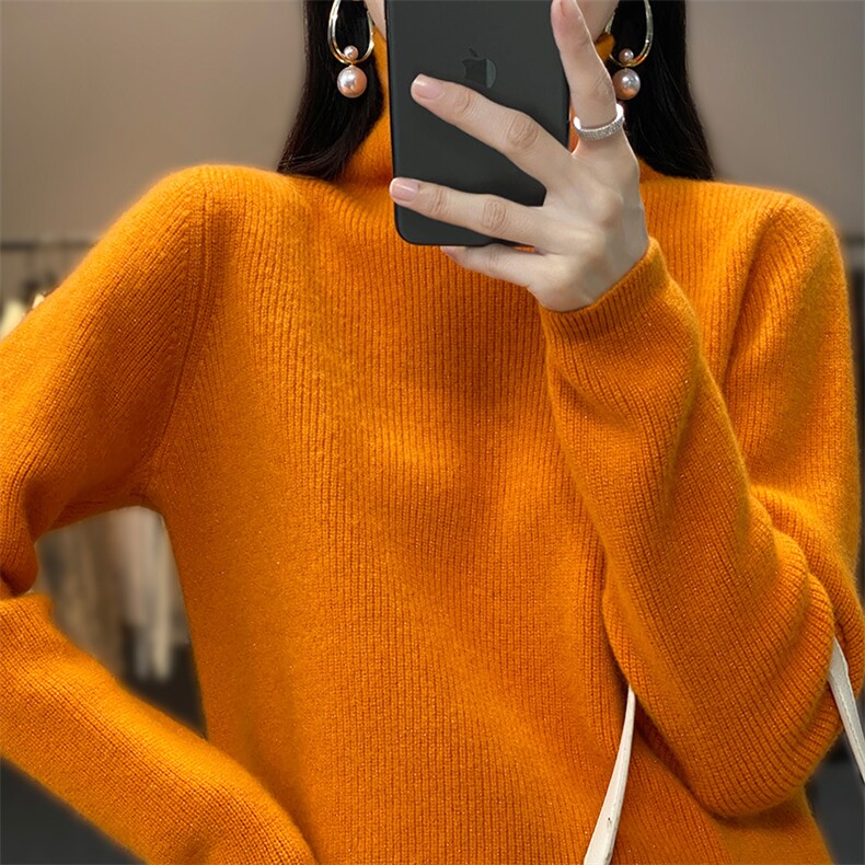 2025百搭时尚简约高领抽条长袖羊绒衫,女装羊绒衫,贝美羊绒
