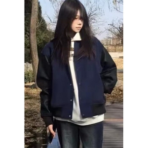 复古街头棒球服女春秋季宽松休闲短款拼色PU皮夹克装外套 JV831图片