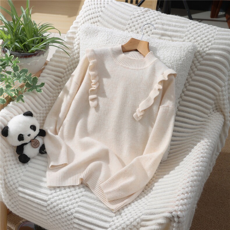 新款百搭单股洛肩木耳边半高，童装儿童羊毛衫，蒙王妃