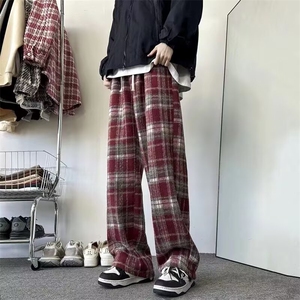 秋冬港风直筒呢子加绒加厚格子阔腿休闲长裤C408 K9623P45图片