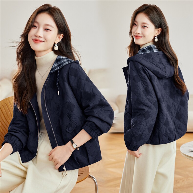 时尚菱格纹连帽夹棉外套女2026春新款宽松休闲短款,女装短外套,简韵佳
