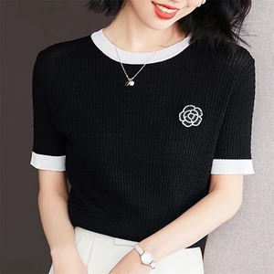 2024新款山茶花冰丝短袖t恤女圆领修身显瘦针织衫图片