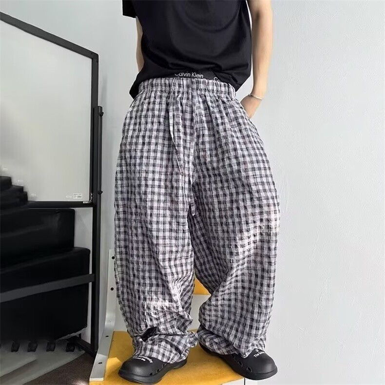 夏季男士潮牌泡泡格阔腿休闲裤时尚百搭情侣同款宽松透气直筒长裤，男装休闲裤，星座506A