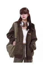 情侣装秋冬2025新款ins超火美式复古豹纹开衫卫衣外套女法式夹克，男装夹克，星座218-8