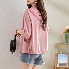 时尚印花拼接短款连帽防晒衣女2025夏新款宽松轻薄透气防晒服外套，女装防晒衣，沐七七