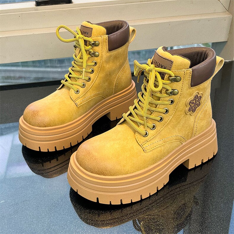 真皮大黄靴女2024冬季新款厚底增高马丁靴女百搭复古短靴女，女鞋马丁靴，电商A223