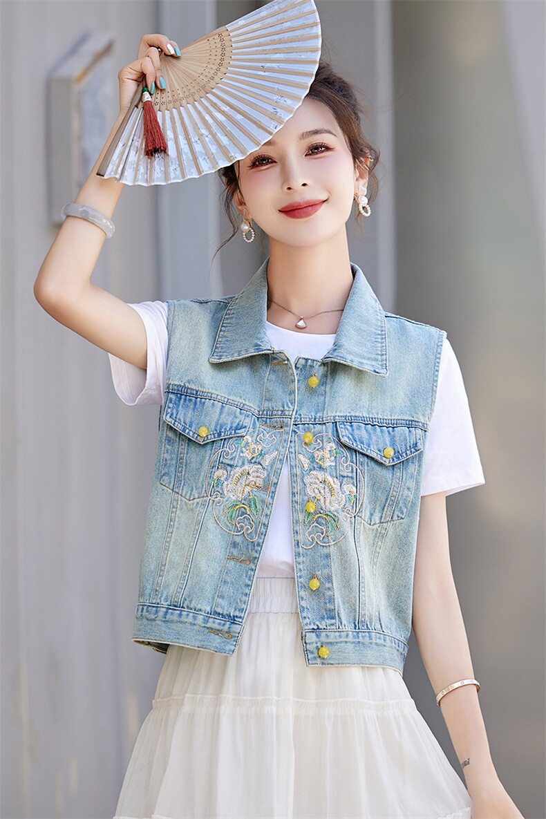 现货2024春季新款无袖牛仔马甲新中式坎肩马甲外套女刺绣上衣,商品下架区,韩然一族