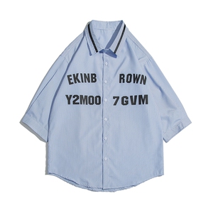 1白底条纹七分袖衬衫男大码M-5XL港风情侣长袖衬衫QCS7018P45控59图片