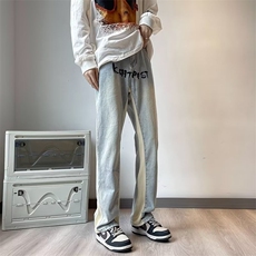 美式高街牛仔裤男秋季设计感小众长裤子刺绣直筒微喇裤女NL83-P50，男装牛仔裤，星座1008