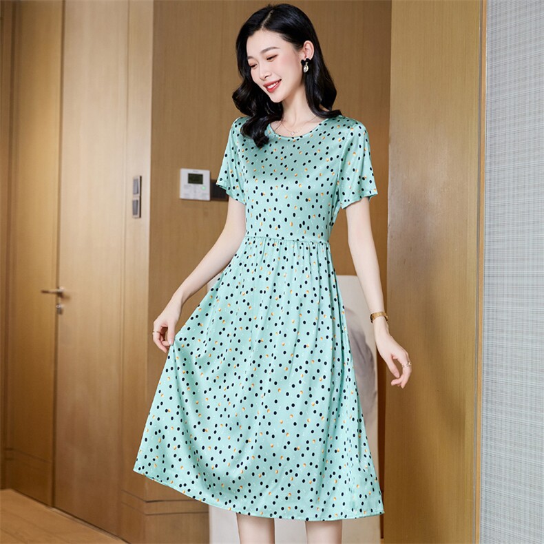 杭州真丝连衣裙女2025夏季新款高端桑蚕丝中年妈妈装圆点收腰裙子,女装连衣裙,阿舍尔精品