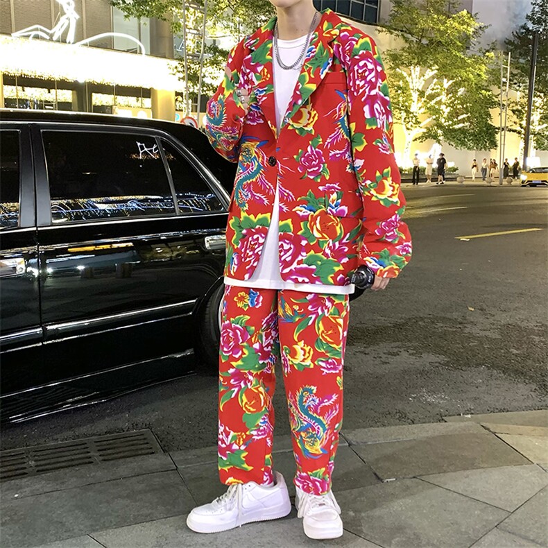 XF01男秋港风文艺休闲大码西服套装西装东北大花民族风特色新中式,男装民族服装,星座115A(原星座507）