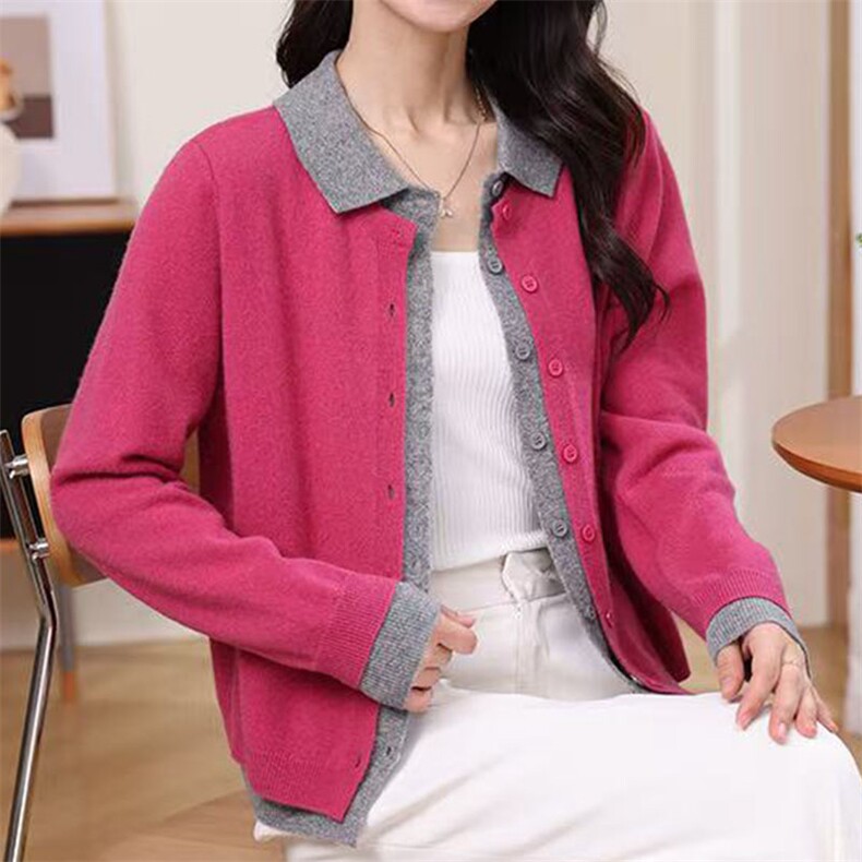 衬衫领假两件毛衣女2025秋拼接撞色上衣洋气宽松穿搭针织开衫外套,女装羊毛衫,萱芳婷羊绒