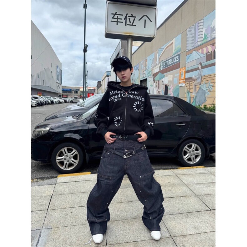 美式复古连帽卫衣男女同款字母印花情侣开衫外套宽松,女装短外套,四季星座505