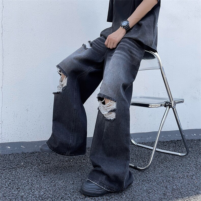 牛仔裤男夏季薄款美式高街vibe风破洞宽松休闲长裤子N0055-P50，男装牛仔裤，星座308B-2