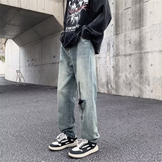 欧美嘻哈做旧拉链水洗直筒牛仔裤男潮街头修身百搭长裤N5934-P48，男装牛仔裤，星座1008-1