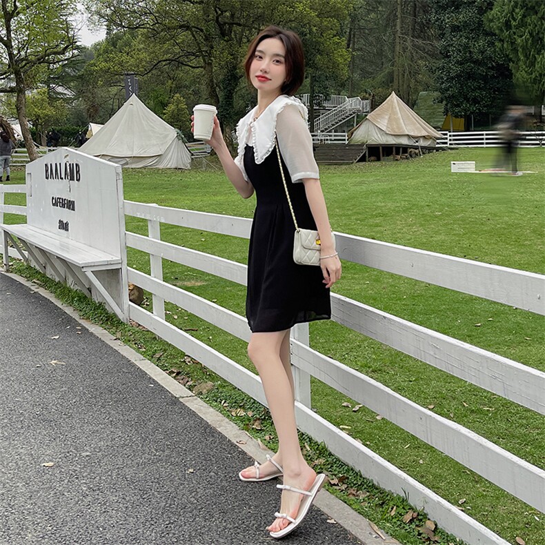 韩版学院风拼色连衣裙女2024夏季新款大尖领设计收腰气质感裙子,女装连衣裙,唯依ONLY