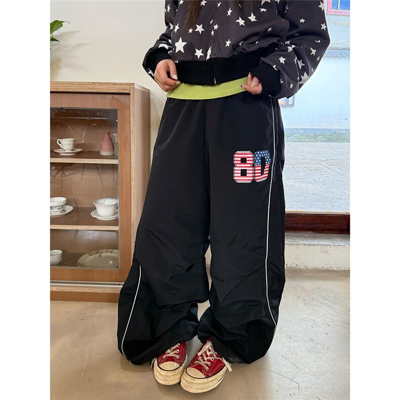 B3090-P46CGGA美式旗帜数字反光条休闲裤男女宽松阔腿拖地长裤，男装休闲裤，电商B323A