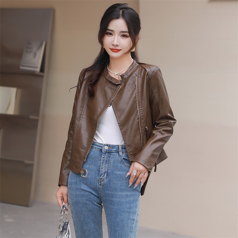 2023新款欧货高级款春秋皮衣外套女士短款高腰咖色机车pu皮夹克,女装皮衣,江南女神
