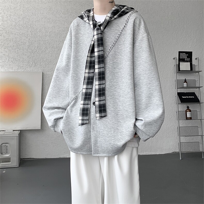 WY10143-特p49控88设计感高质感大帽子连帽格子撞色大码卫衣男,男装卫衣,电商A059