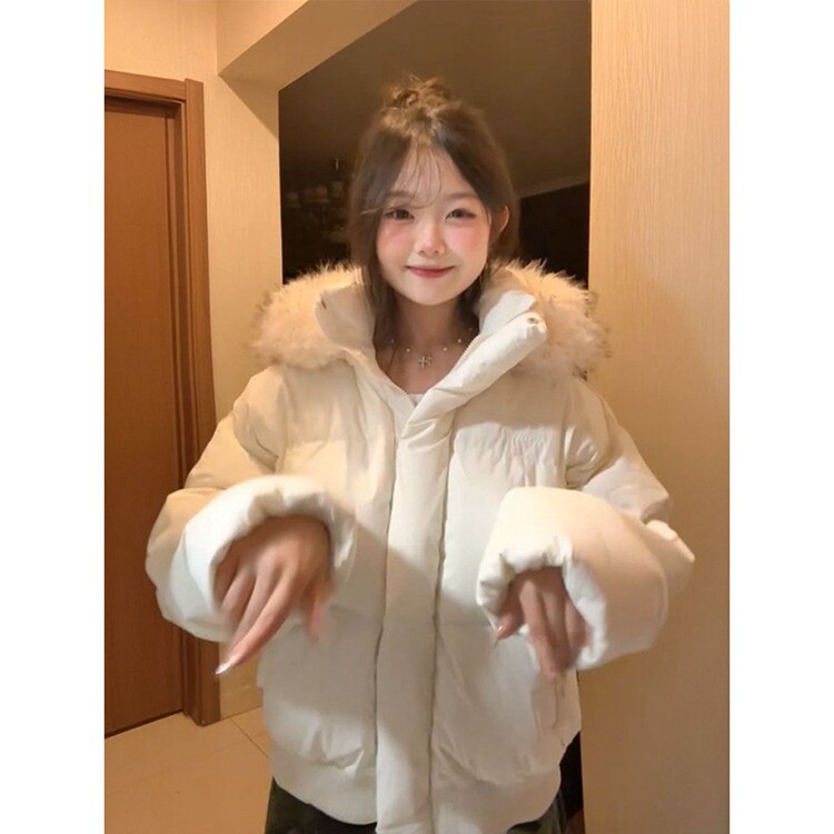 日系温柔减龄风气质白色连帽毛领棉服加厚保暖宽松休闲氛围感棉衣,男装棉衣,星座218-8