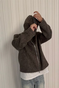 濮院针织衫美式连帽马海毛开衫拉链休闲带帽针织毛衣外套LF496P90图片