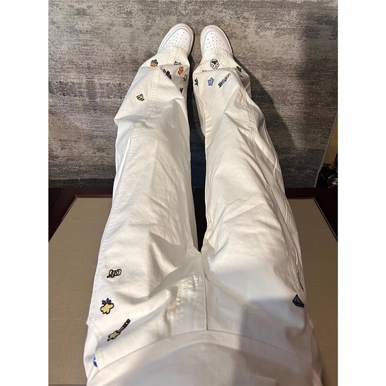 卡通刺绣直筒牛仔裤男款秋季美式微喇弯刀裤子高街vibe提裆工装裤,男装牛仔裤,星座1008